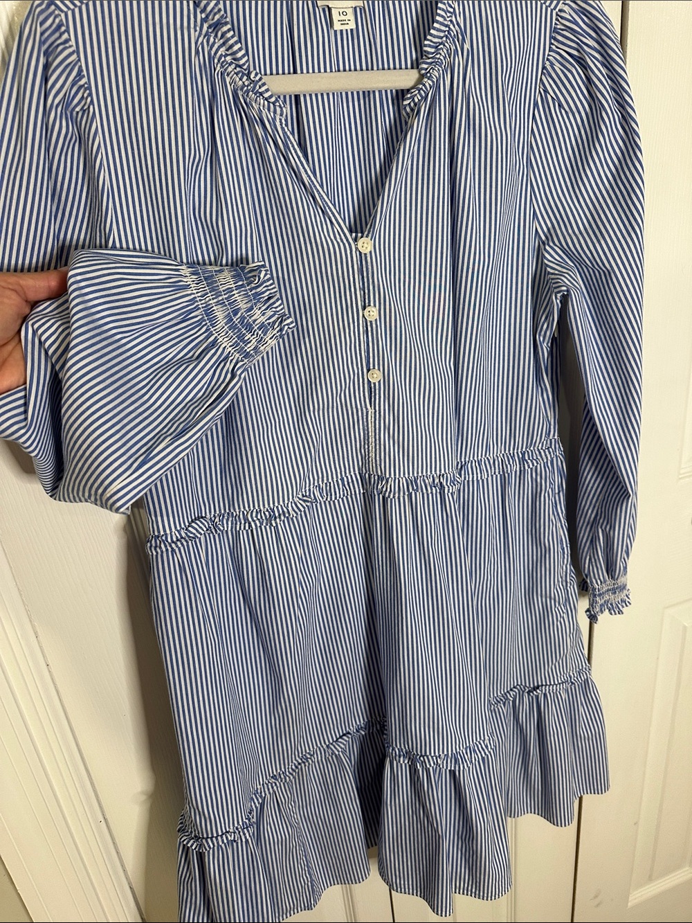 J. Crew Navy and White Striped Tiered Long-Sleeve Dress | 10 - Picture 6 of 8